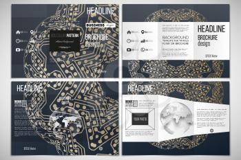 Vector set of tri-fold brochure design template on both sides. Golden microchip pattern, abstract template with connecting dots and lines, connection structure. Digital scientific vector background