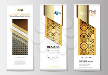 Set of roll up banner stands, flat design templates, abstract geometric style, modern business concept, corporate vertical vector flyers, flag banner layouts. Islamic gold pattern, overlapping geometr