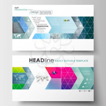 Business templates in HD format for presentation slides. Easy editable abstract layouts in flat design. Abstract triangles, blue triangular background, modern colorful polygonal vector.