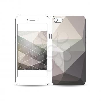 Mobile smartphone with an example of the screen and cover design isolated on white background. Abstract blurred background, modern stylish dark vector texture.