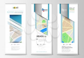 Set of roll up banner stands, flat design templates, abstract geometric style, modern business concept, corporate vertical vector flyers, flag banner layouts. City map with streets. Flat design templa