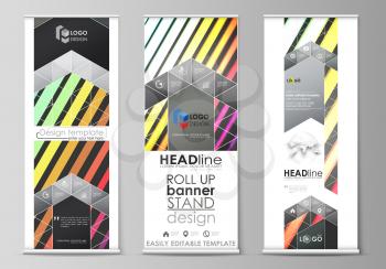 Set of roll up banner stands, flat design templates, abstract geometric style, modern business concept, corporate vertical vector flyers, flag banner layouts. Bright color rectangles, colorful design,