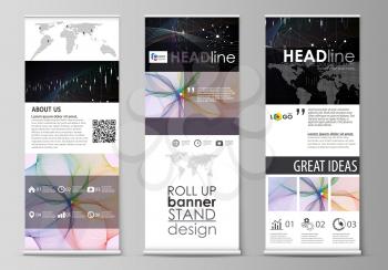 Set of roll up banner stands, flat design templates, abstract geometric style, modern business concept, corporate vertical vector flyers, flag layouts. Colorful abstract infographic background in mini
