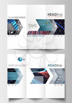 Tri-fold brochure business templates on both sides. Easy editable abstract layout in flat design. Abstract lines background with color glowing neon streams, motion design vector.