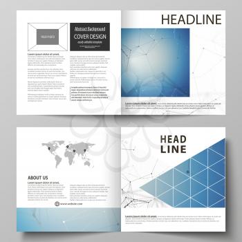 Business templates for square design bi fold brochure, magazine, flyer, booklet or annual report. Leaflet cover, abstract flat layout, easy editable vector. Geometric blue color background, molecule s