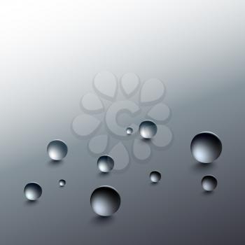 Water drops on a gray background. Round raindrops with shadows on an inclined gray surface. Vector illustration