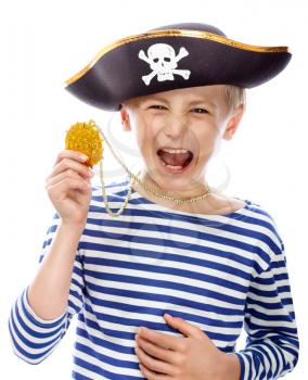 Close up portrait of angry pirate shouting. Isolated on white background