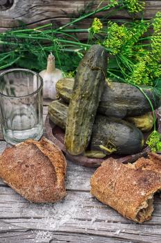Pickled cucumbers with dill and a glass on wooden background in country style.Photo tinted.Selective focus