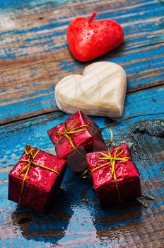 gifts in packaging and wooden hearts for Valentine's Day