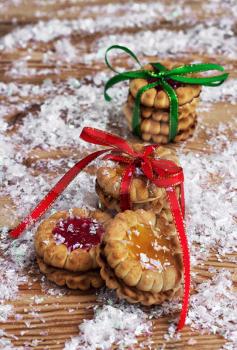 fragrant Christmas cookies on the background of decorated Christmas ornaments 