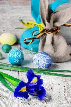 Painted Easter eggs,a iris flower and pouches with ears