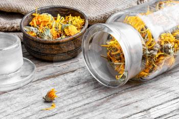 Glass pharmacy jar with dried summer flowers of calendula for therapy