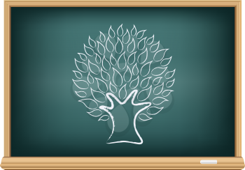 The blackboard and drawing a tree isolated on a white background