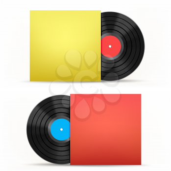 The vinyl disc and colored paper case on the white background