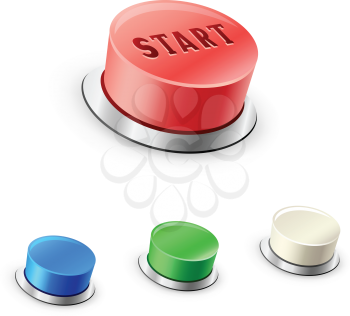 The 3D mega round red, blue, green and white buttons on the white background