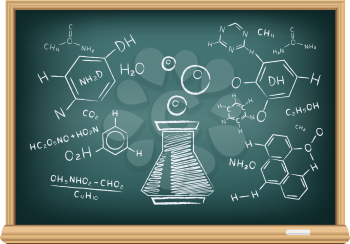 The school blackboard and chalk drawn chemical tube and formula