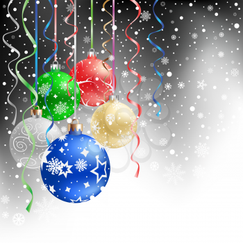 The multicolored christmas bauble and ribbons on the black mesh background
