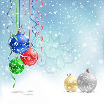 The multicolored christmas bauble and ribbons on the azure mesh background