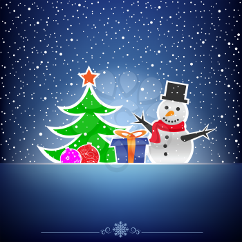 Christmas cartoon card with snowman, fir-tree, bauble and present on the blue mesh background