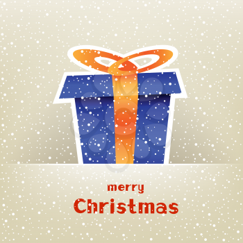 The Christmas card with gift and falling snow around on the light mesh background