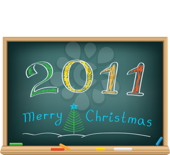 Drawing christmas year by a chalk on the classroom blackboard