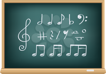 Drawing music notes by a chalk on the classroom blackboard