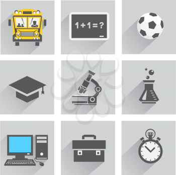 The school icon set with shadow on the gray and white background