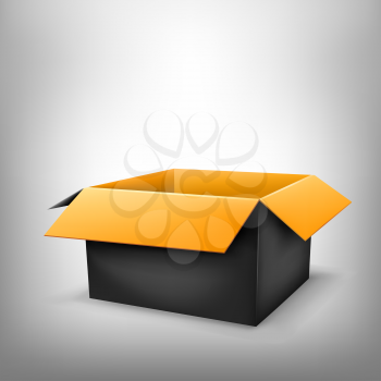 3D black outside orange inside open paper package on light white mesh background