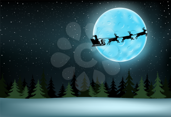 The Santa Claus with reindeer flying over night spruce wood, large moon with craters and stars on background