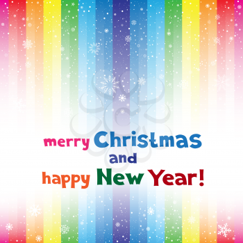 The holiday rainbow striped multicolored background with snow. Lettering Marry Christmas and Happy New Year