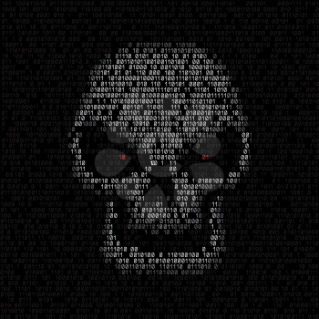 Programming code shows white hacker skull with red eyes on black screen background. Computer was hacked