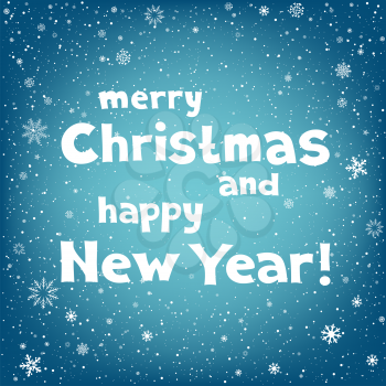 Winter holiday blue background with snow. Lettering Marry Christmas and Happy New Year