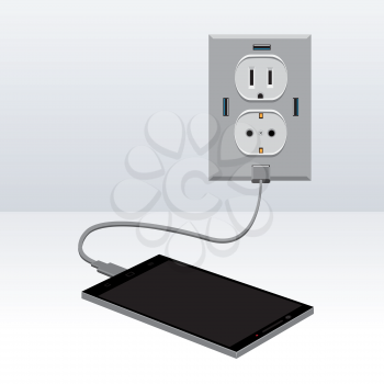 Black smartphone charging from usb outlet on light background. Mobile phone charge