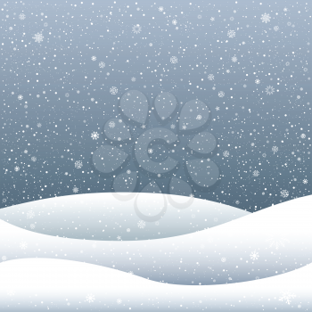 Snow falls and snowdrift hill on cartoon sky dark background. Winter time. Christmas and New Year eve
