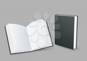 Standing closed and open black paper books with shadow on gray background. Empty cover template. Education literature symbol. Author writer show product