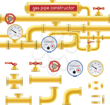 Yellow pipe set constructor isolated on white background. Industry pump measure device and tap collection. Design gas oil gasoline diesel fuel supply system. Pipeline project plan. Easy to edit