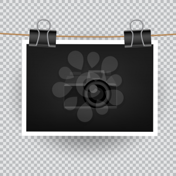 Paper horizontal photo hang on the cord on transparent background. Empty exhibition of template to insert your photography. Camera symbol for default picture show