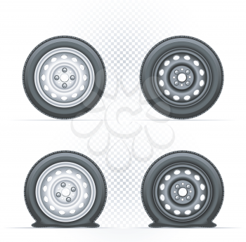 Inflated and deflated light and dark car wheel set. Collection of black and gray metal auto tyre. Transport tire with shadow isolated on transparent white background