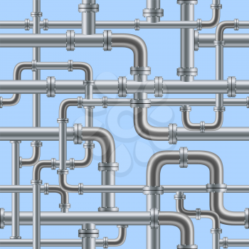 Chrome pipe seamless on blue background. Industry pump water gas oil gasoline diesel fuel supply system. Pipeline project plan. Easy to edit