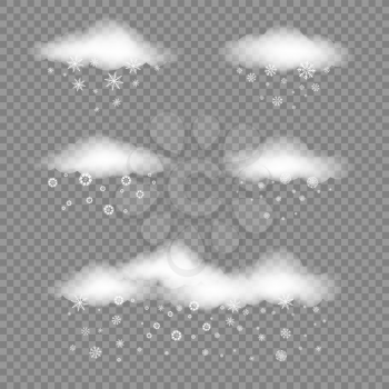 Set of white clouds with snow falls on transparent background. Winter snowfall designer. Different snowflake falling from the cloud. Christmas and New Year eve