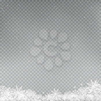 Snowflakes falling template. Winter snowfall on gray background. Frosty close-up wintry snowflake. Ice shape snowdrift. Christmas holiday decoration backdrop