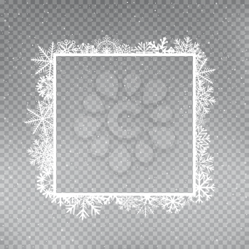 Snowflakes square frame template set on gray transparent background. Christmas holiday ice ornament banner