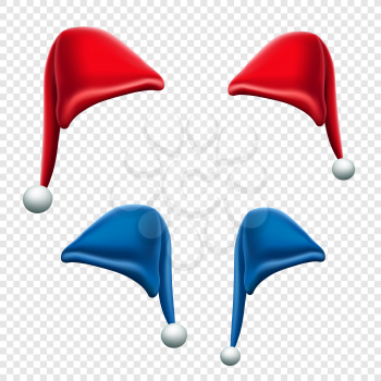 Christmas red and blue hat set on transparent background. Santa cap collection