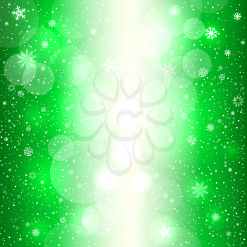 Glowing snow circle green bokeh background. Falling snowflakes natural backdrop. Christmas decoration design template