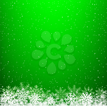 Green glowing light snow background. Falling snowflakes blizzard backdrop. Christmas winter decoration design template
