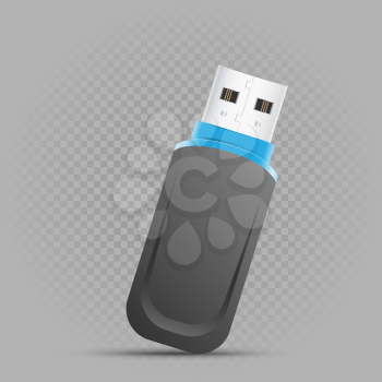 Black usb flash drive with shadow on gray transparent background. Technology electronic object