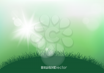 Spring sunshine light and grass. Ground meadow silhouette landscape on green blurry sky background. Nature fresh floral backdrop