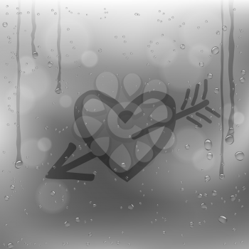 Cupid arrow heart draw on rainy window. Sadness romantic rain template on glass surface