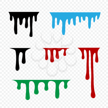 Flows of color paint liquid oil or blood set on transparent background. Dripping ink easy to edit color
