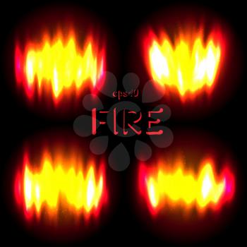 Fire blurred radiance set with text message on dark black background. Burn flame bright backdrop collection